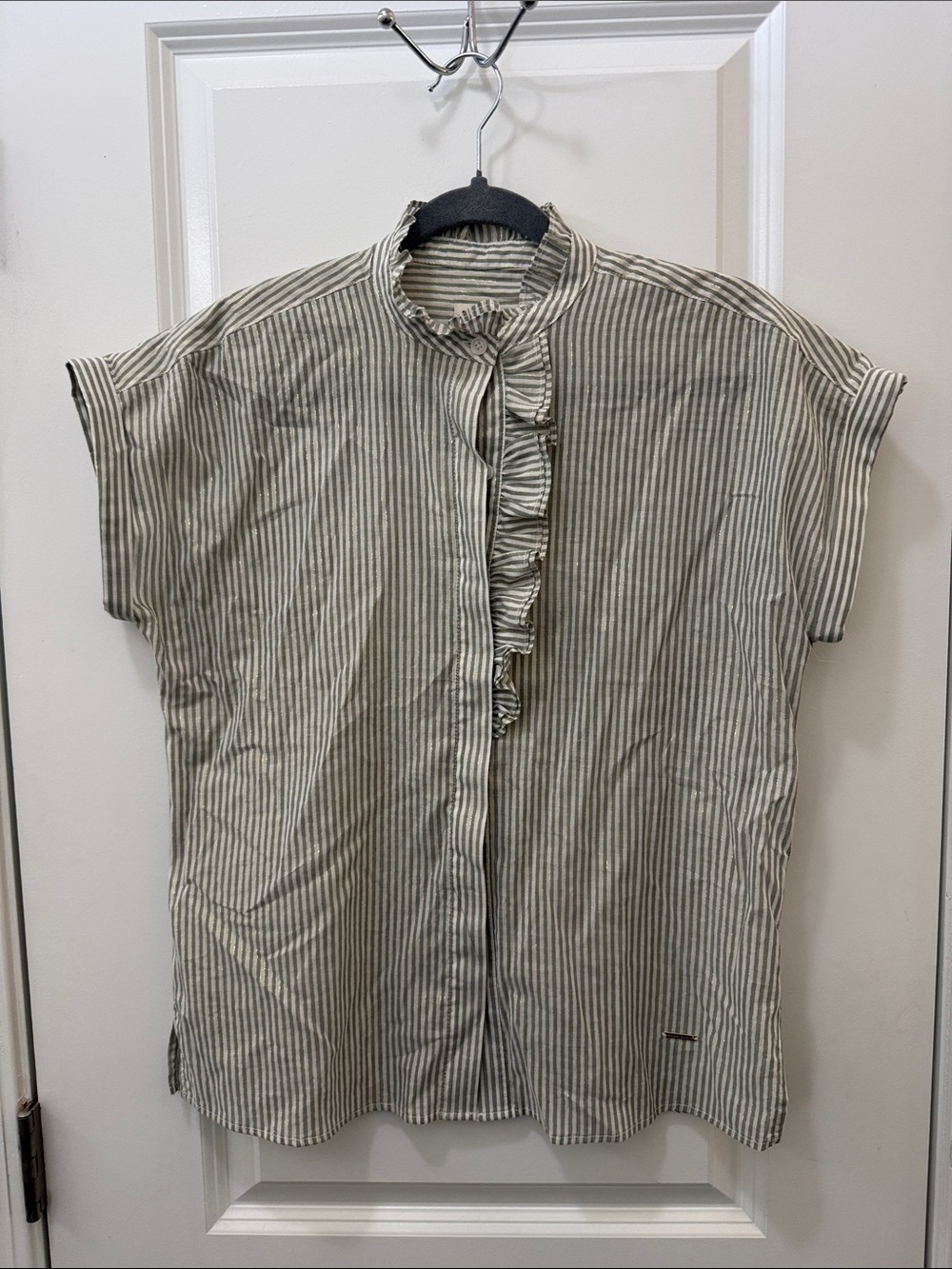 Anne Klein Gray and White Striped Ruffle Front Short-Sleeve Shirt